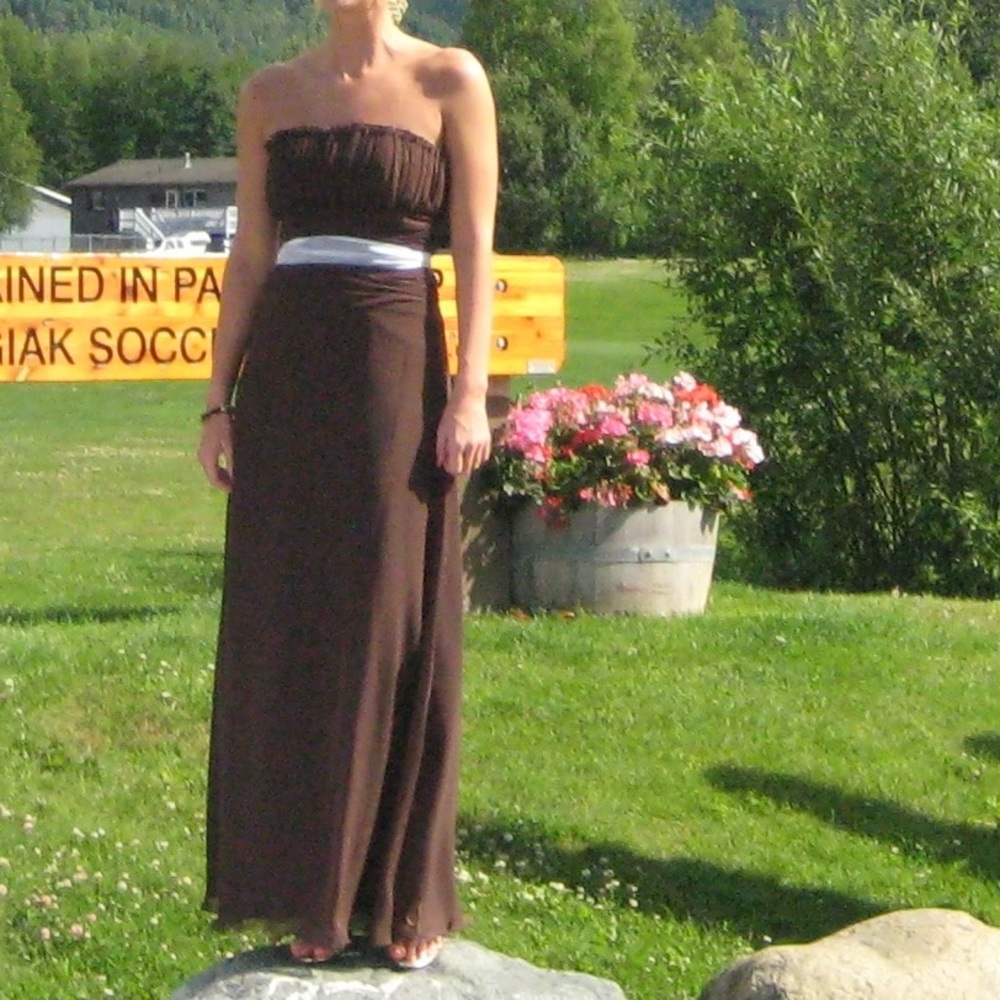 Chocolate brown strapless chiffon maxi dress